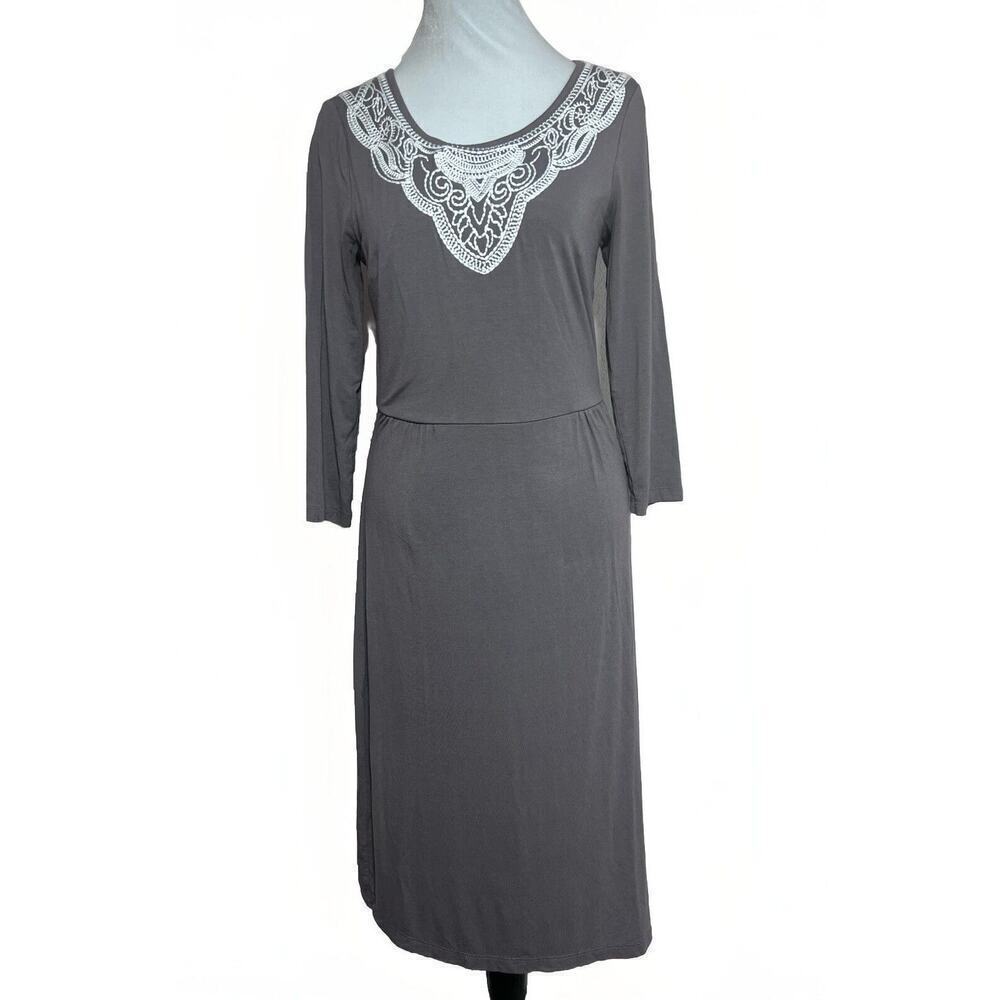 BODEN DRESS SCOOP NECK GRAY JERSEY EMBROIDERY KNEE LENGTH 3/4 SLEEVES SIZE 4 L